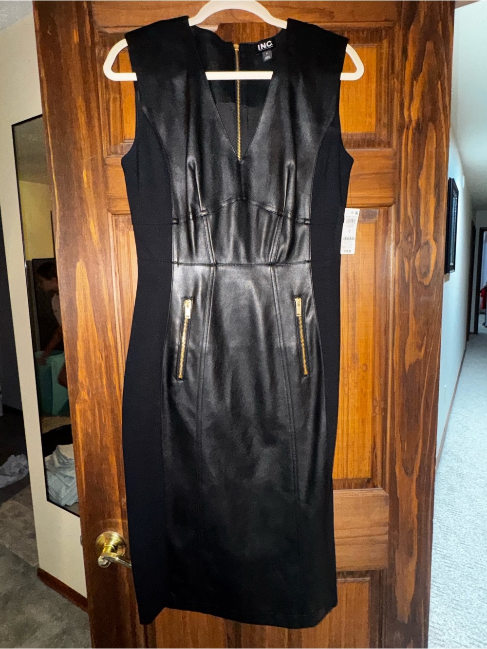 INC International Concepts Black Faux Leather Paneled Sheath Dress